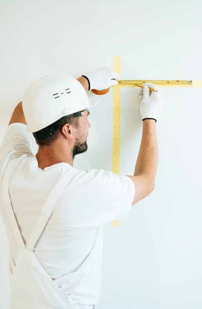 A man in a hard hat and gloves measuring a wall with a tape measure.