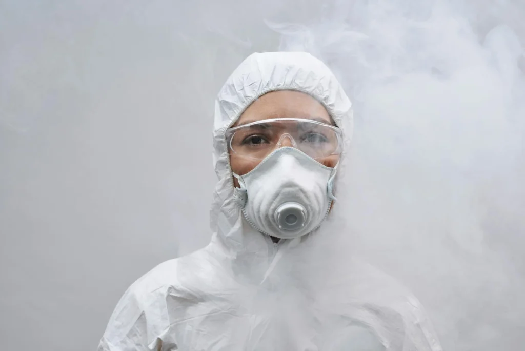 Close-up of person wearing protective suit, mask, and goggles amidst smoke.