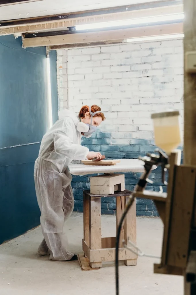 A woman in protective gear refinishing furniture indoors with a spray gun.