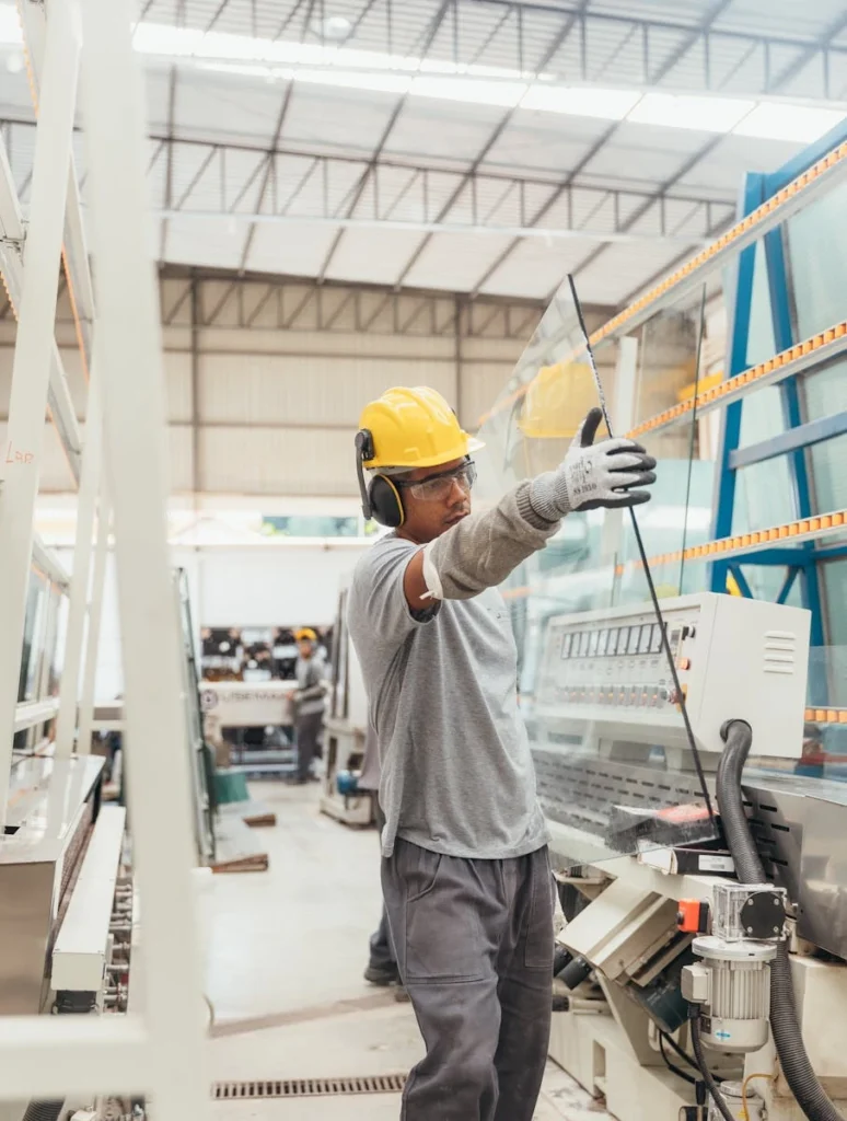 Industrial worker with safety gear handling glass sheet in a factory environment.
