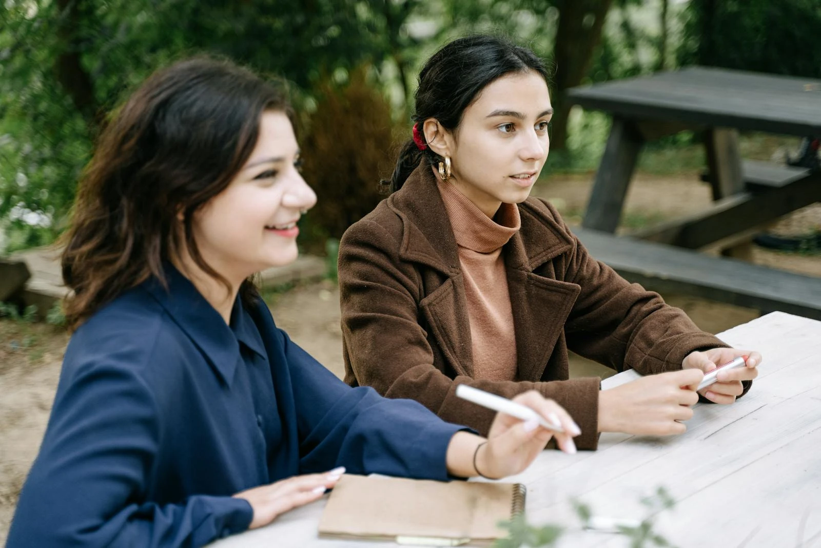 Two young women engaged in a collaborative discussion at an outdoor picnic table.